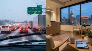 Split-screen comparison showing heavy, snowy I-70 traffic near the National Western Stock Show exit in Denver versus a calm, modern downtown dental office waiting room with a view of Union Station.