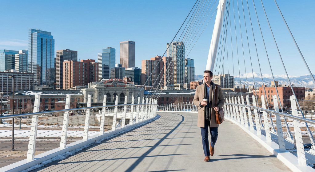 Professional walking across Millennium Bridge in Downtown Denver 80202 near Union Station.
